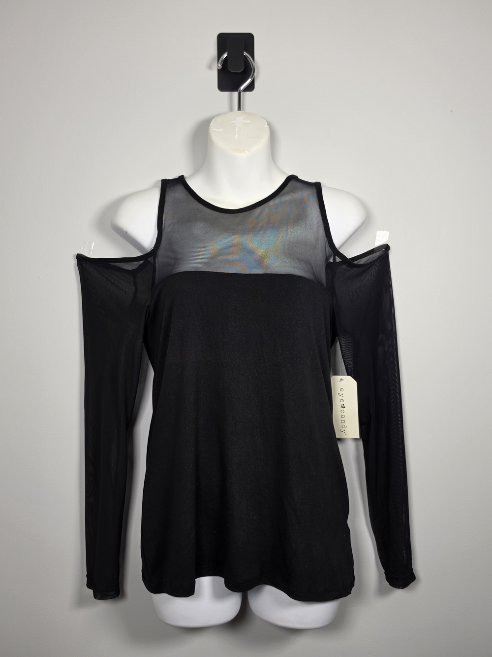 Black Cold-Shoulder Mesh Detail Women's Top